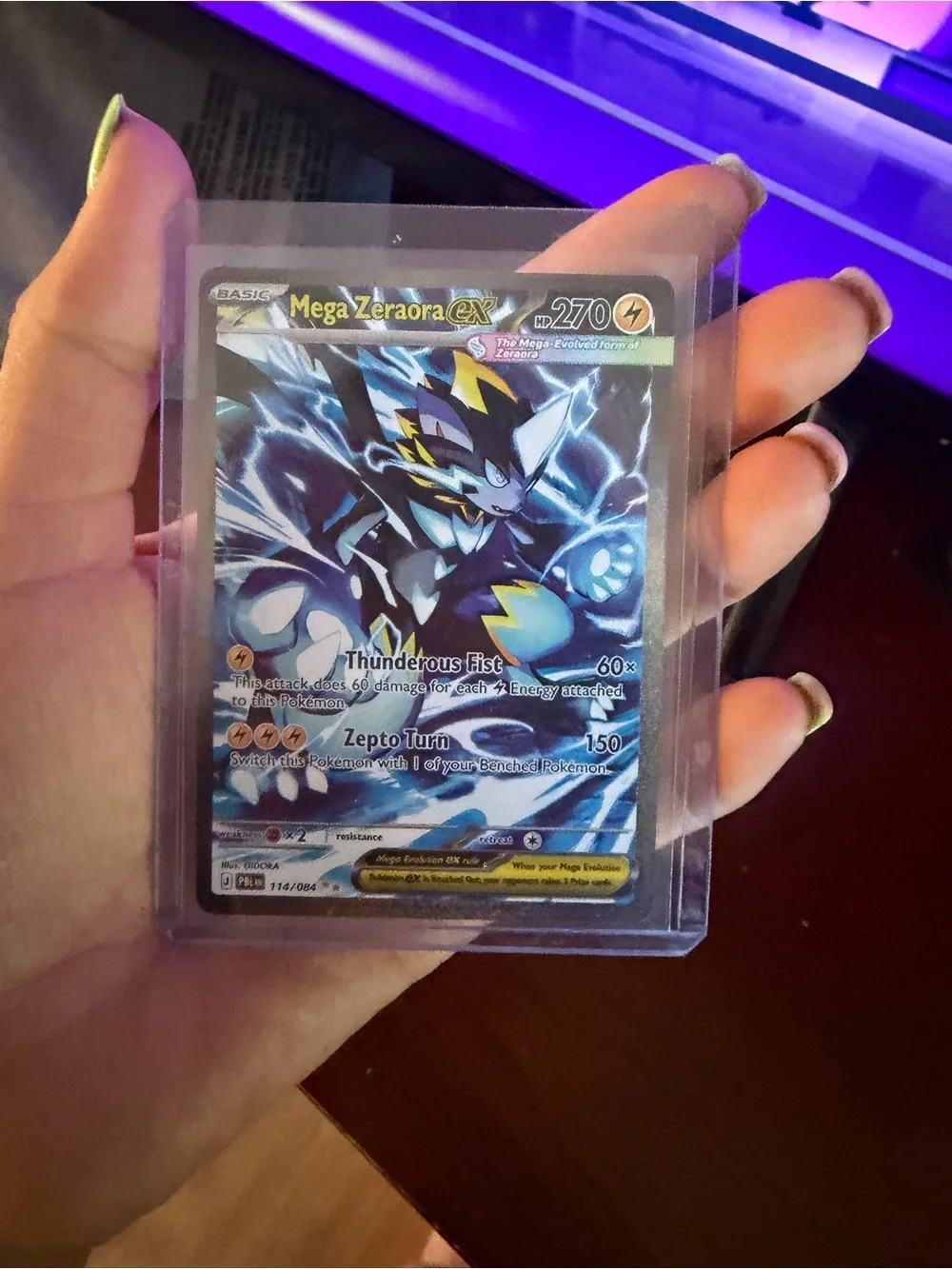 Pokemon Mega Zeraora EX Holographic Card - Blue, Yellow, Black